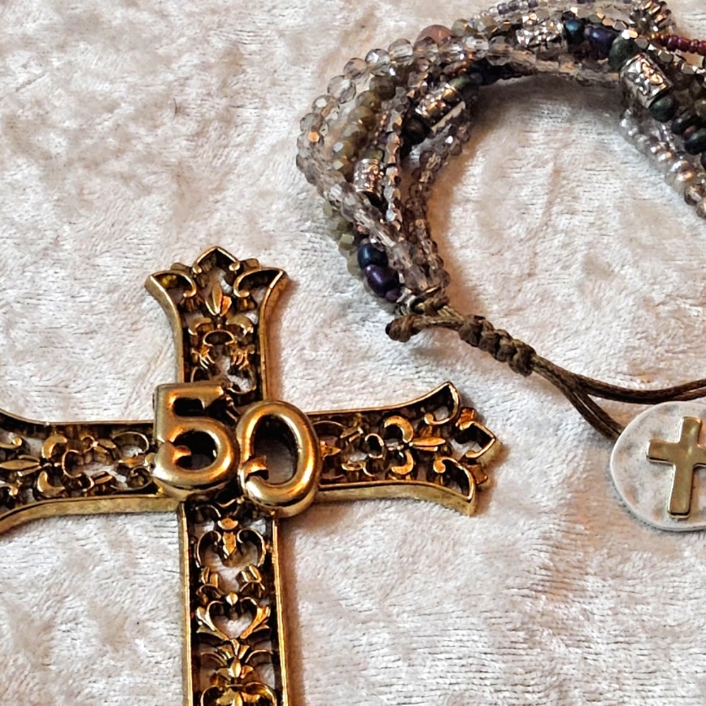 Prayer Bracelet 7.5 in & 50 year Anniversary Gold Tone Cross Book Mark